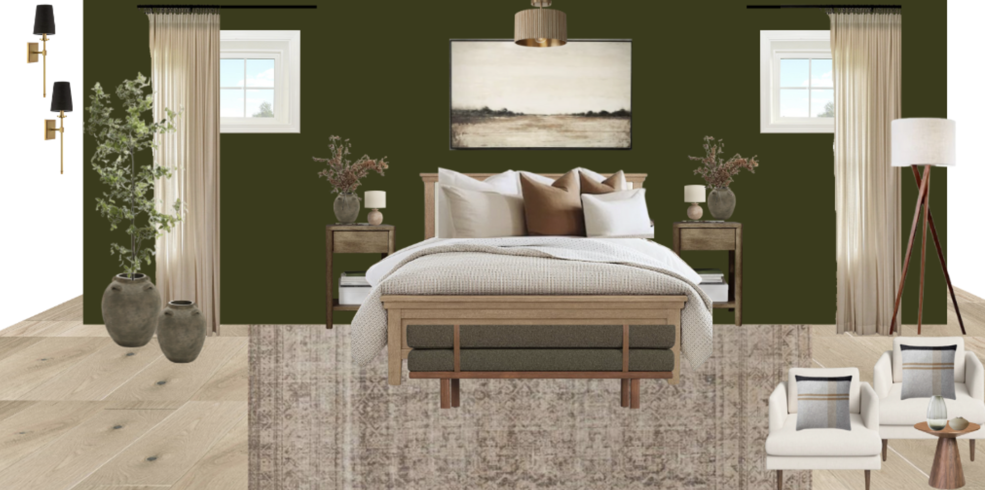 A rendering of a master bedroom. Modern organic style
